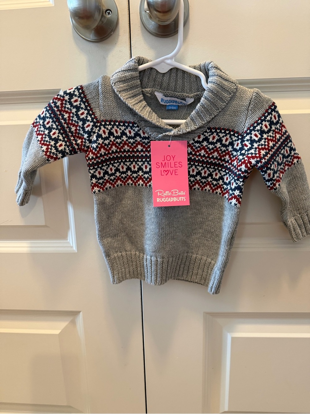Rugged Butts baby boys  Shawl Collar Fair Isle Sweater - Gray with Red & Navy